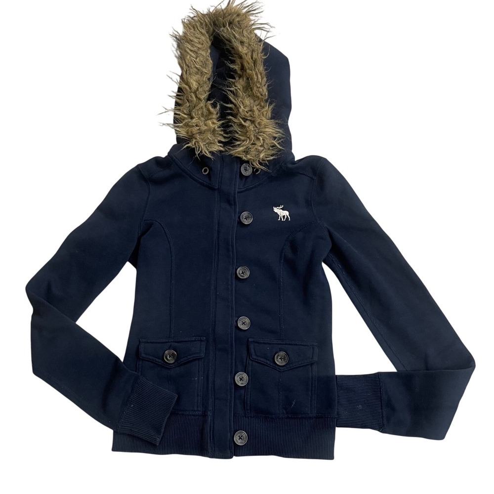 Abercrombie & Fitch Navy Blue Faux Fur Trim Hooded Jacket Full Zip XS Womens